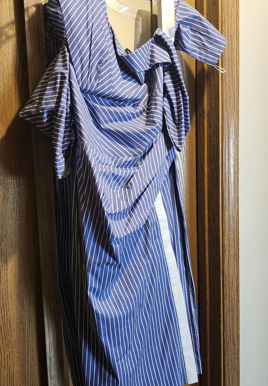 Blue and White Pinstripe Draped Dress